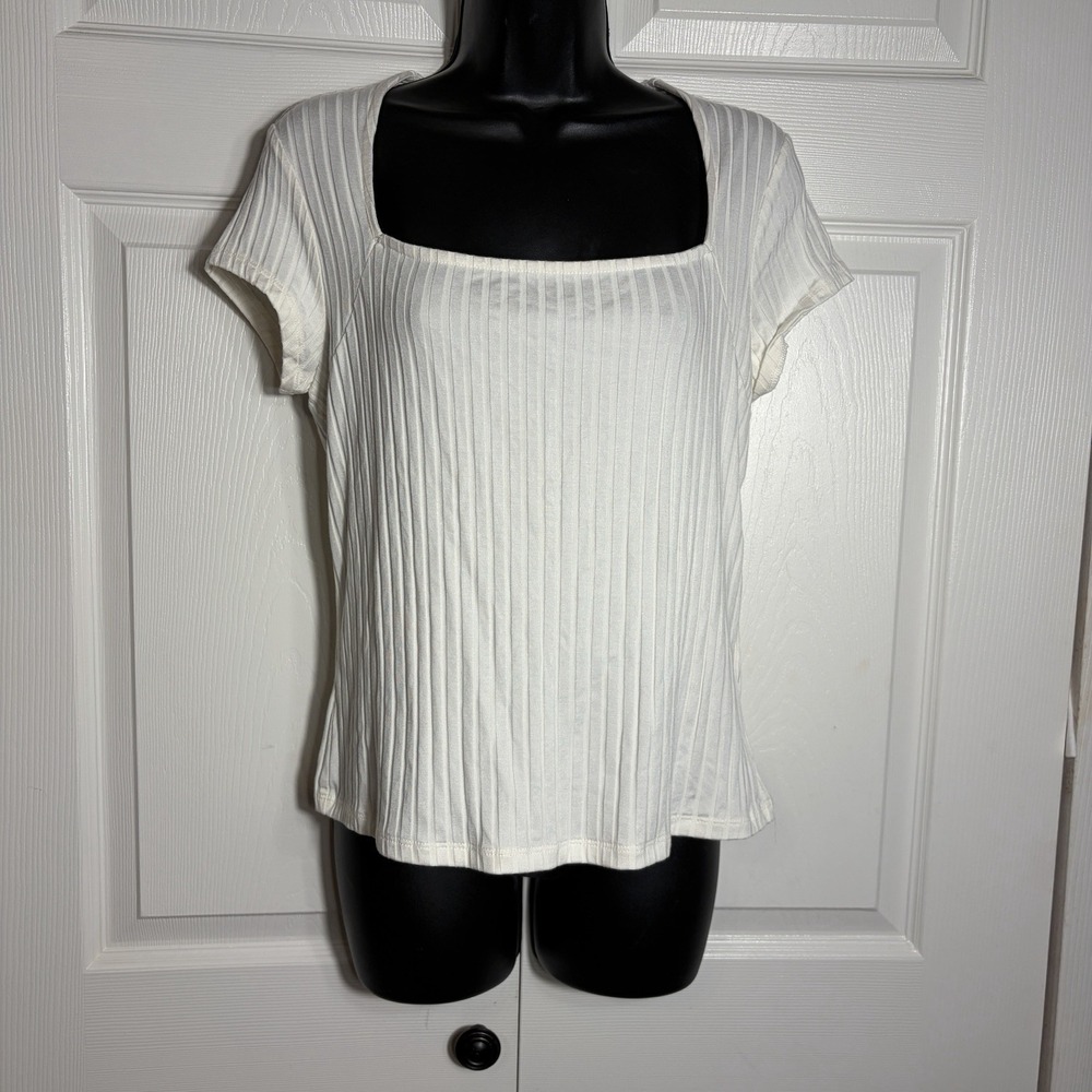 Banana Republic Factory Wide Ribbed Cap Sleeve Shirt Women Snow Day Square Neck